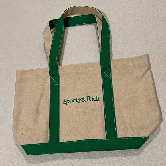 Sporty & Rich Serif Logo Two-Tone Tote - Natural/Kelly - Picture 2 of 3